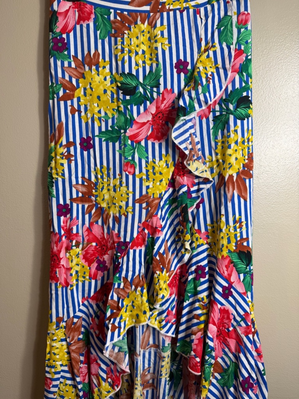 NWT Me2Magic Tropical Floral Stripe Hi Low Ruffle Midi Skirt L - Picture 3 of 5